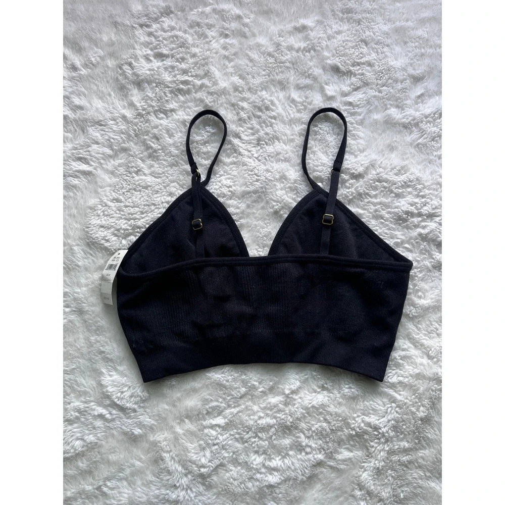 Aerie Womens Seamless Ribbed O-Ring Bralette Black V-Neck Adjustable M 3404-073
